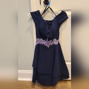 Navy dress with lavender flowers